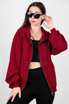 Kadın Kapşonlu Fermuarlı Şardonlu Sweat  Bordo