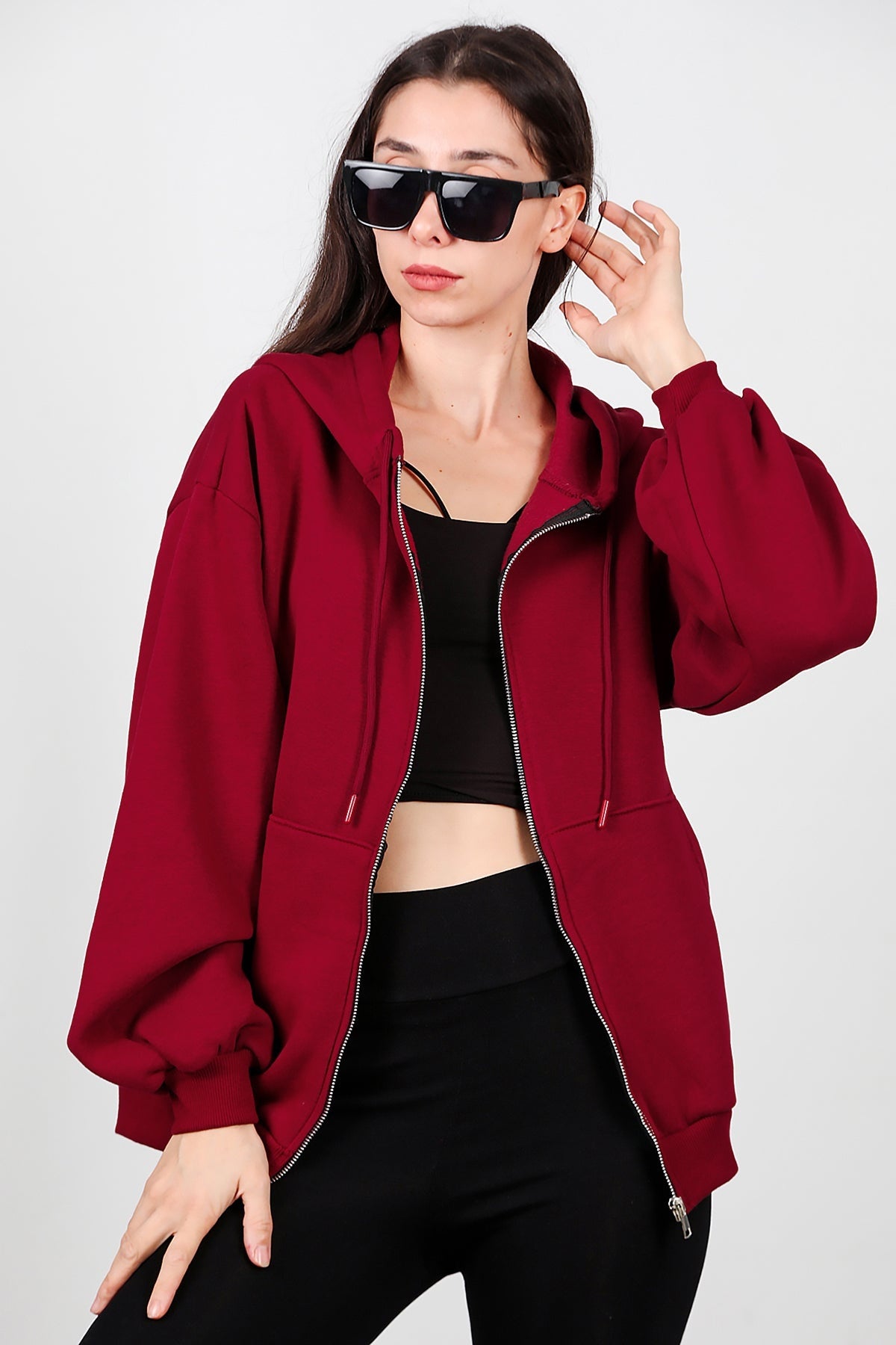 Kadın Kapşonlu Fermuarlı Şardonlu Sweat  Bordo