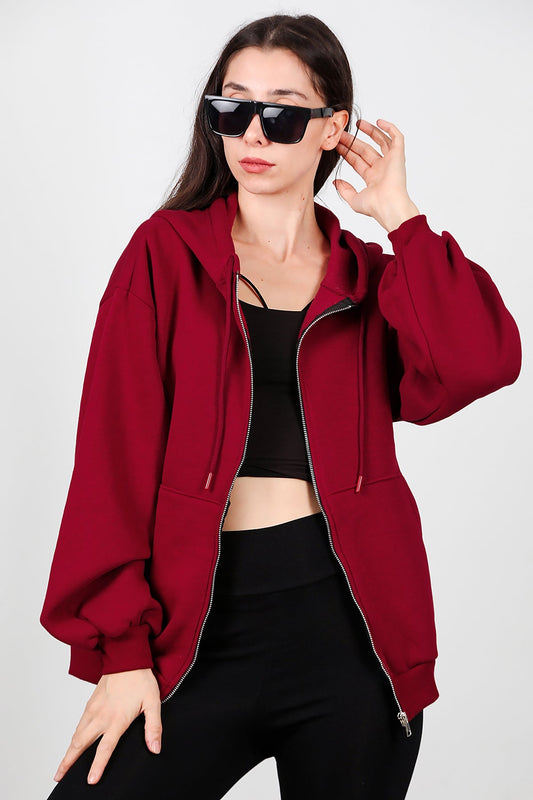 Kadın Kapşonlu Fermuarlı Şardonlu Sweat  Bordo