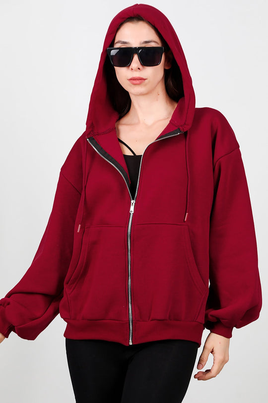 Kadın Kapşonlu Fermuarlı Şardonlu Sweat  Bordo