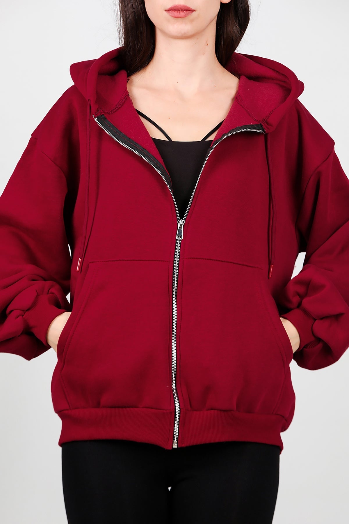 Kadın Kapşonlu Fermuarlı Şardonlu Sweat  Bordo
