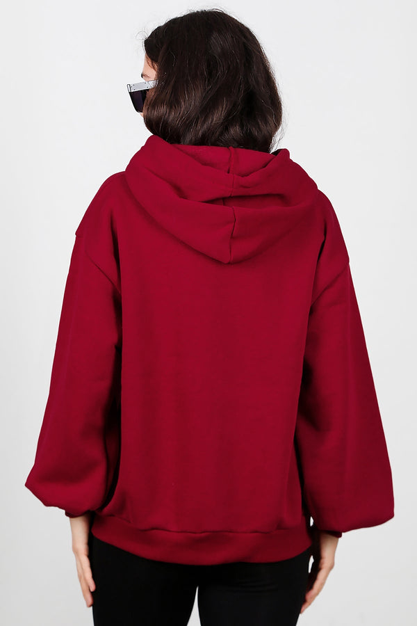 Kadın Kapşonlu Fermuarlı Şardonlu Sweat  Bordo