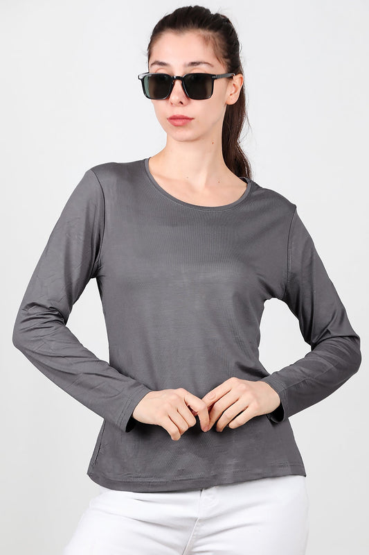Kadın Bisiklet Yaka Uzun Kol Penye Bluz  Gri