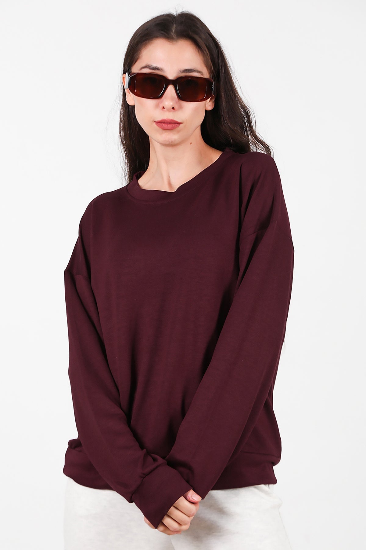 Kadın Bisiklet Yaka Sweat Bordo
