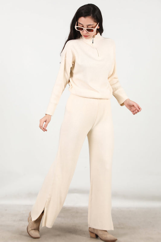 Kadın Fermuar Detay Triko Takım  Krem
