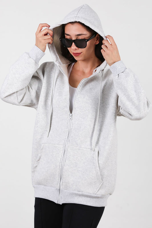 Kadın Kapşonlu Fermuarlı Oversize Üç İplik Sweat  Ekru