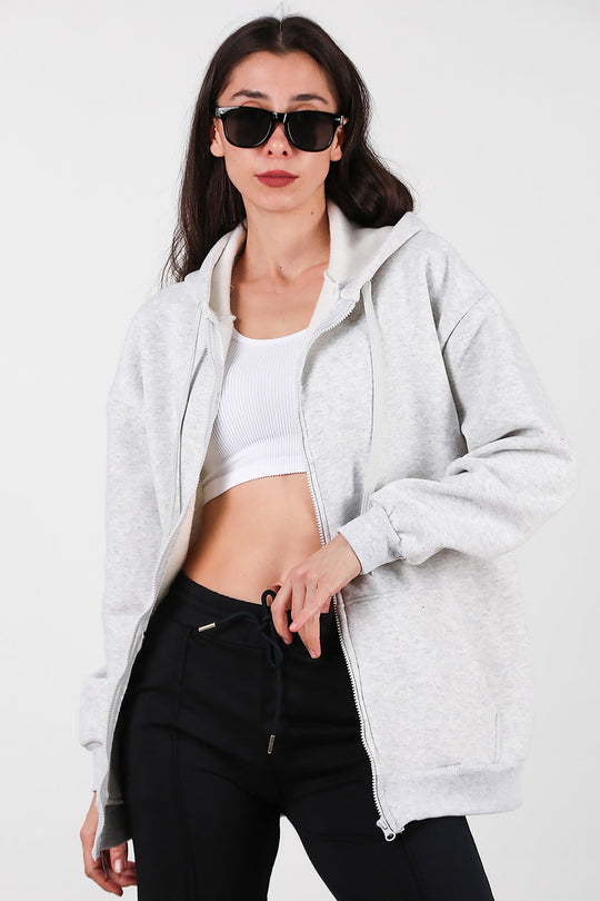 Kadın Kapşonlu Fermuarlı Oversize Üç İplik Sweat  Ekru