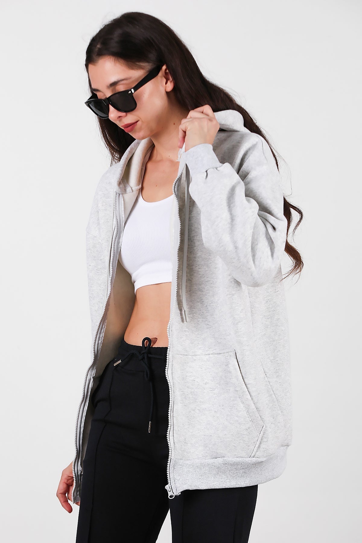 Kadın Kapşonlu Fermuarlı Oversize Üç İplik Sweat  Ekru