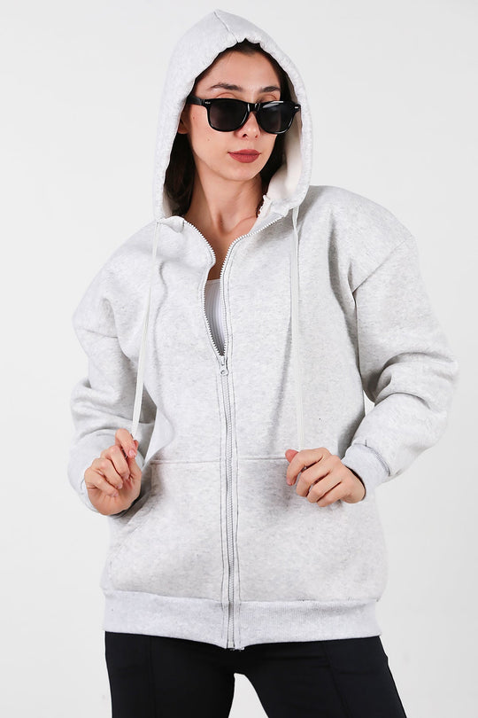 Kadın Kapşonlu Fermuarlı Oversize Üç İplik Sweat  Ekru