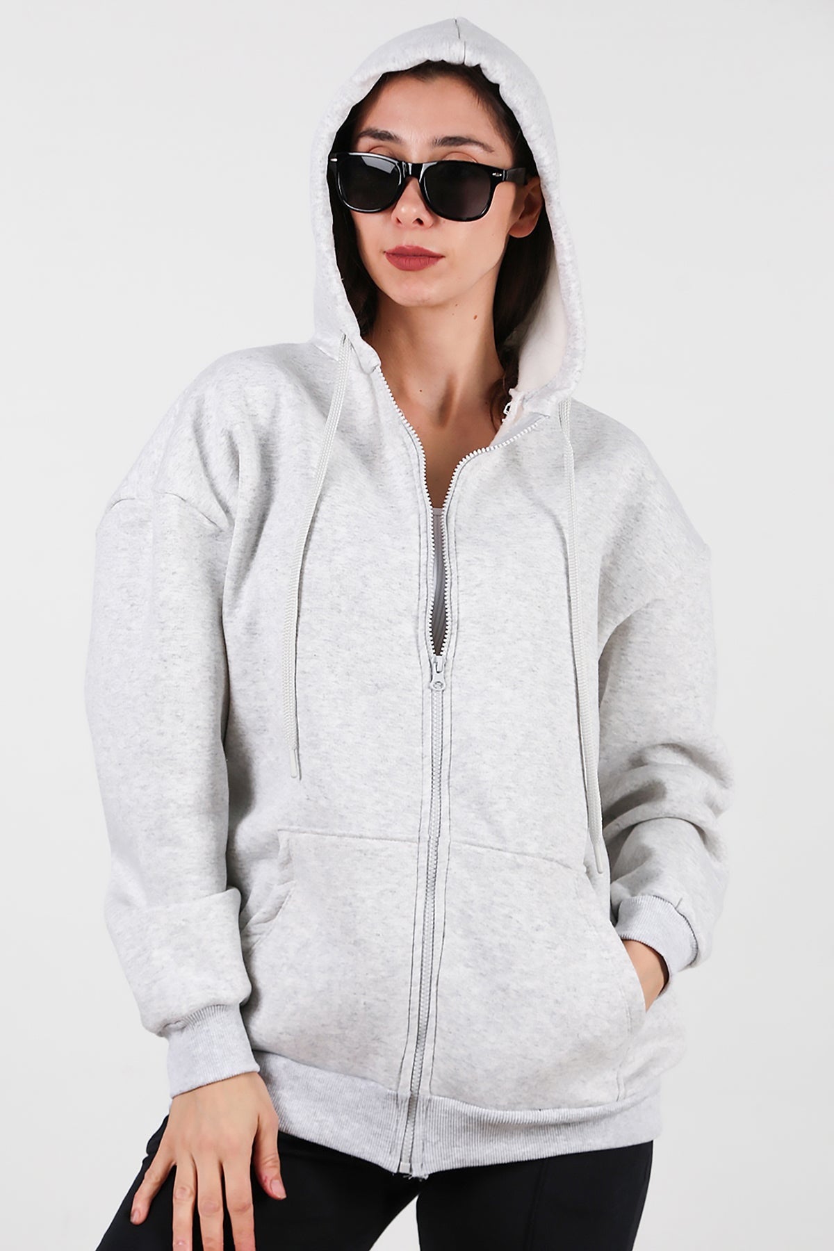 Kadın Kapşonlu Fermuarlı Oversize Üç İplik Sweat  Ekru