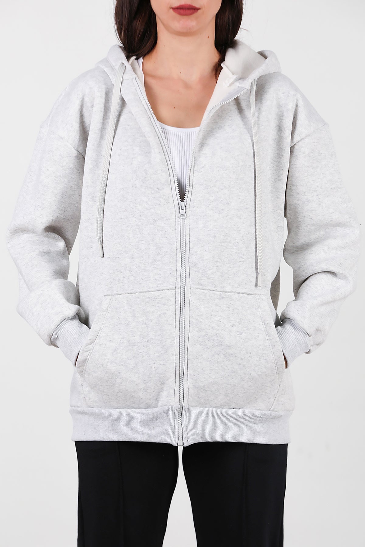 Kadın Kapşonlu Fermuarlı Oversize Üç İplik Sweat  Ekru