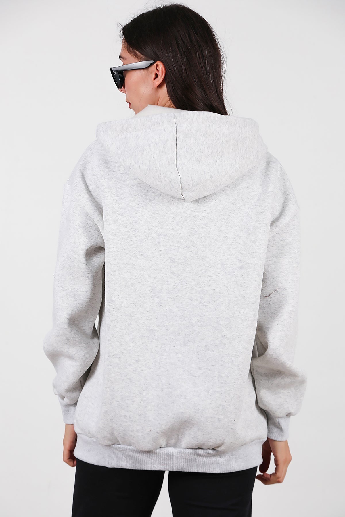 Kadın Kapşonlu Fermuarlı Oversize Üç İplik Sweat  Ekru