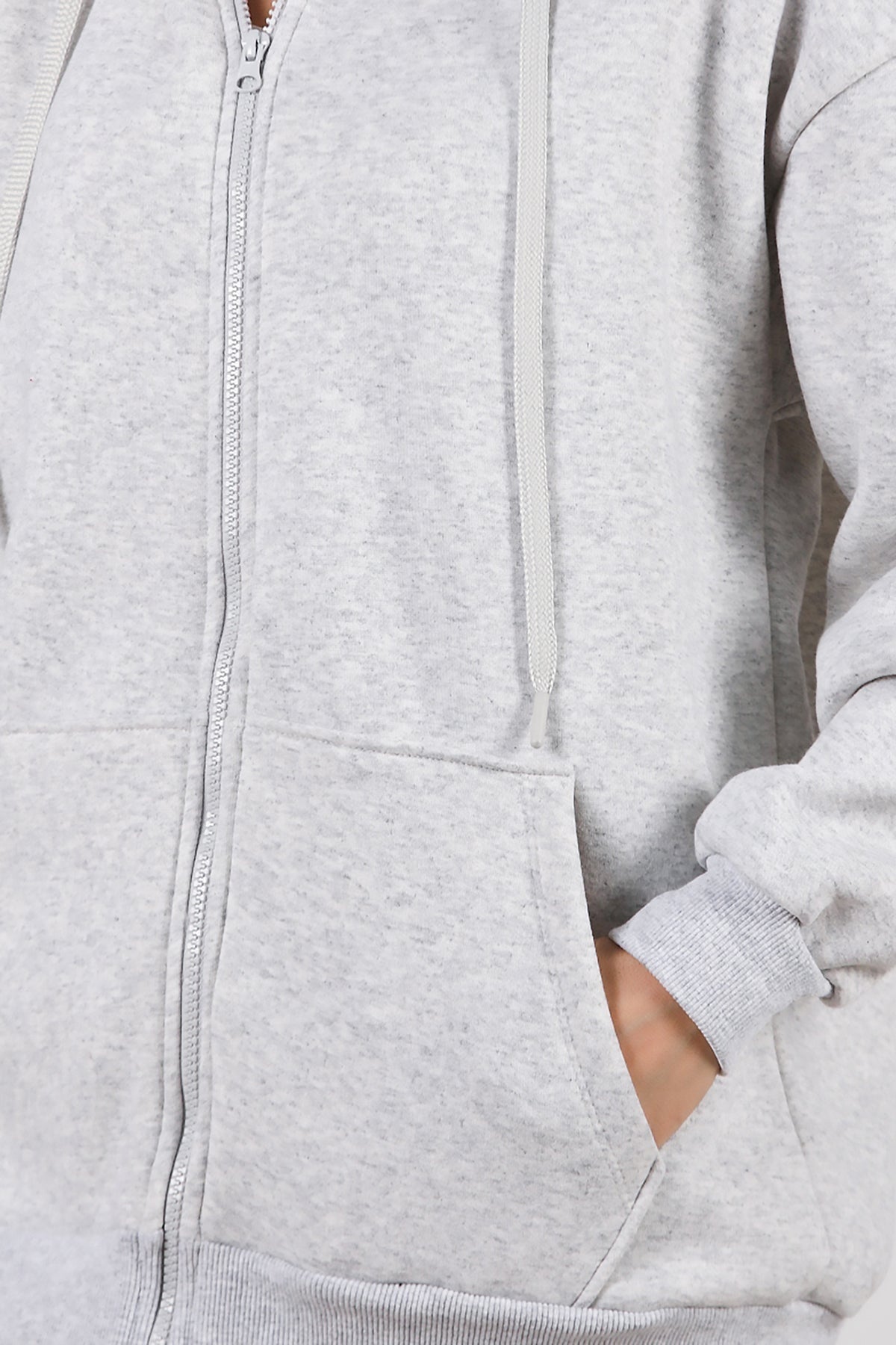 Kadın Kapşonlu Fermuarlı Oversize Üç İplik Sweat  Ekru