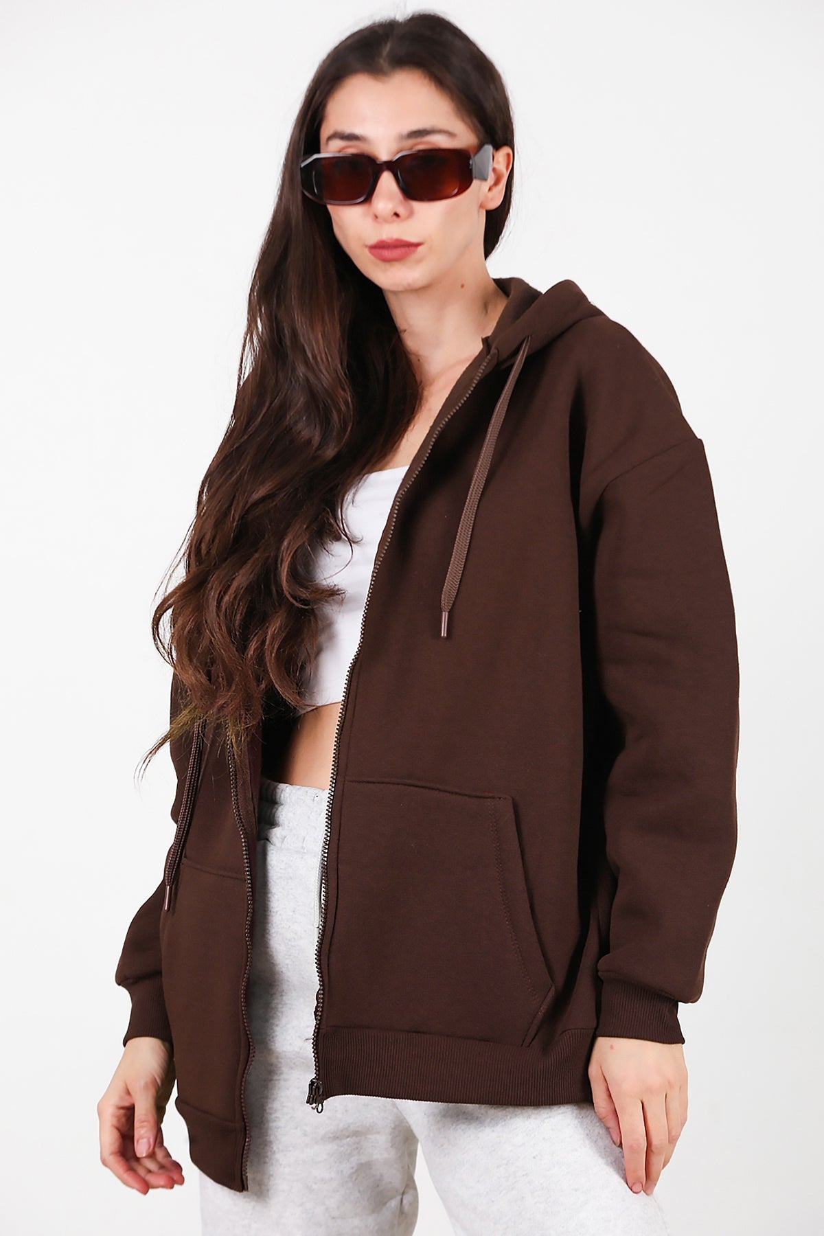 Kadın Kapşonlu Fermuarlı Oversize Üç İplik Sweat  Kahverengi
