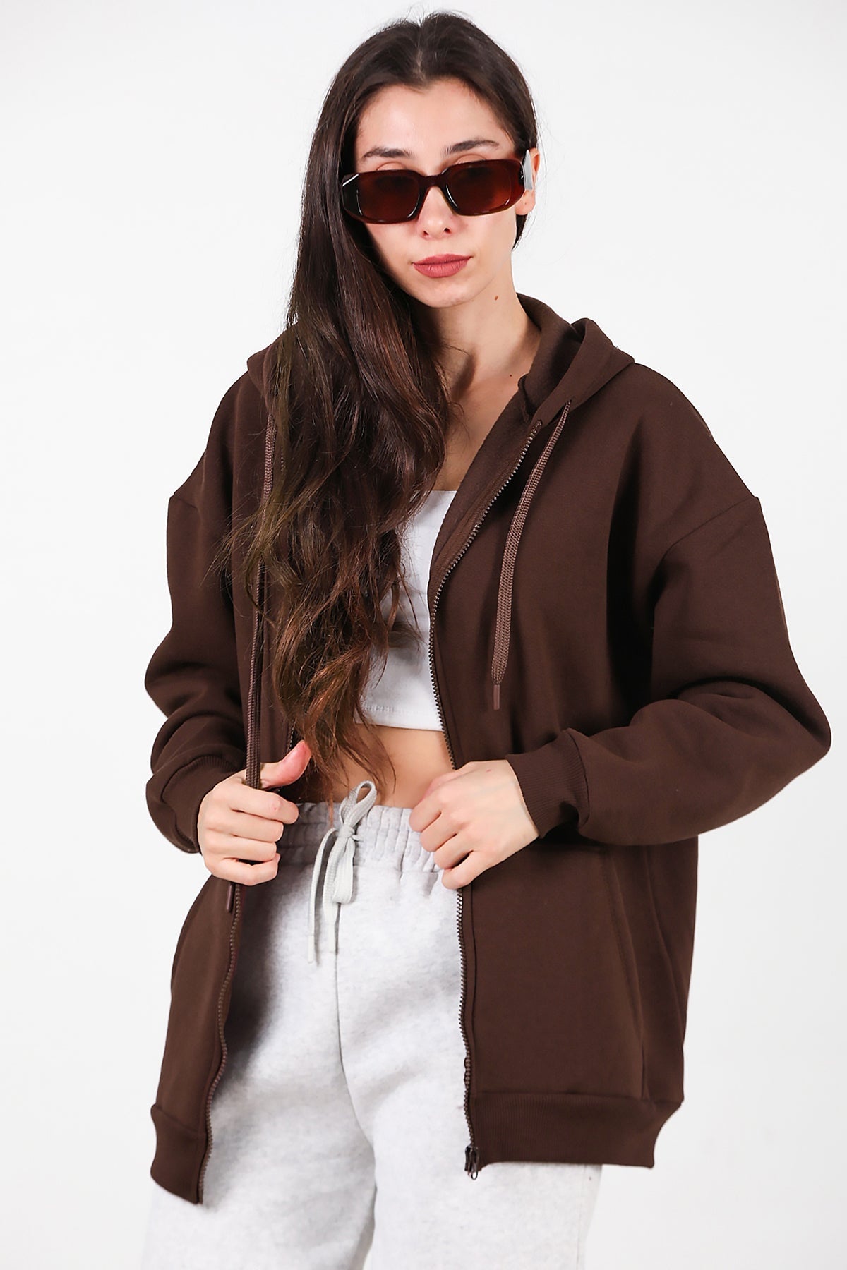 Kadın Kapşonlu Fermuarlı Oversize Üç İplik Sweat  Kahverengi