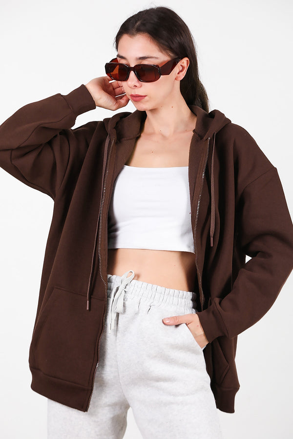 Kadın Kapşonlu Fermuarlı Oversize Üç İplik Sweat  Kahverengi