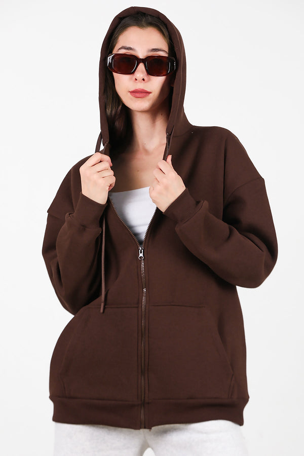 Kadın Kapşonlu Fermuarlı Oversize Üç İplik Sweat  Kahverengi