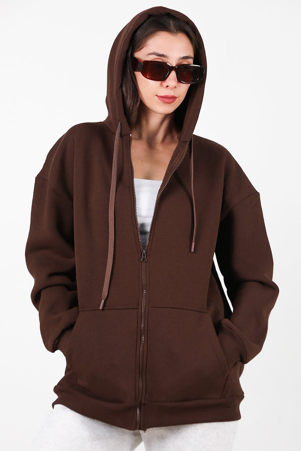 Kadın Kapşonlu Fermuarlı Oversize Üç İplik Sweat  Kahverengi