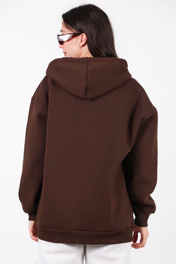 Kadın Kapşonlu Fermuarlı Oversize Üç İplik Sweat  Kahverengi