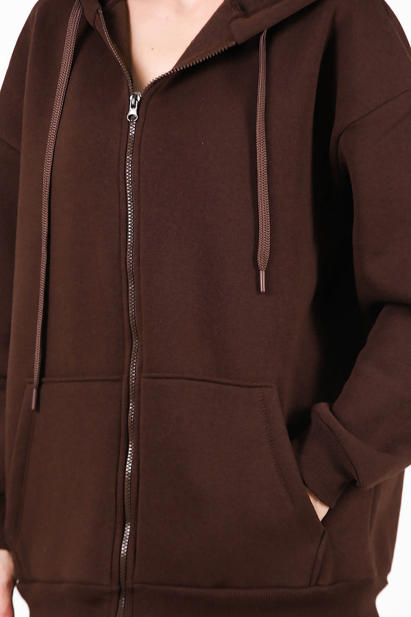 Kadın Kapşonlu Fermuarlı Oversize Üç İplik Sweat  Kahverengi