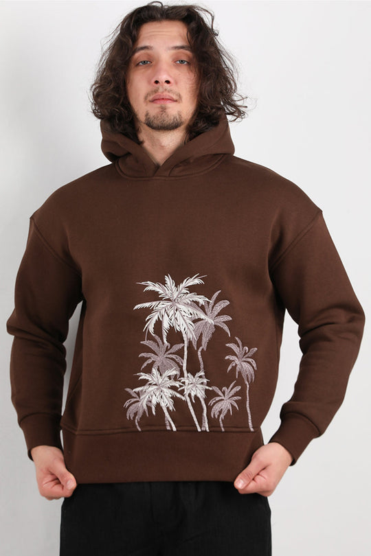 Erkek Palmiye Nakışlı Sweat  Kahverengi