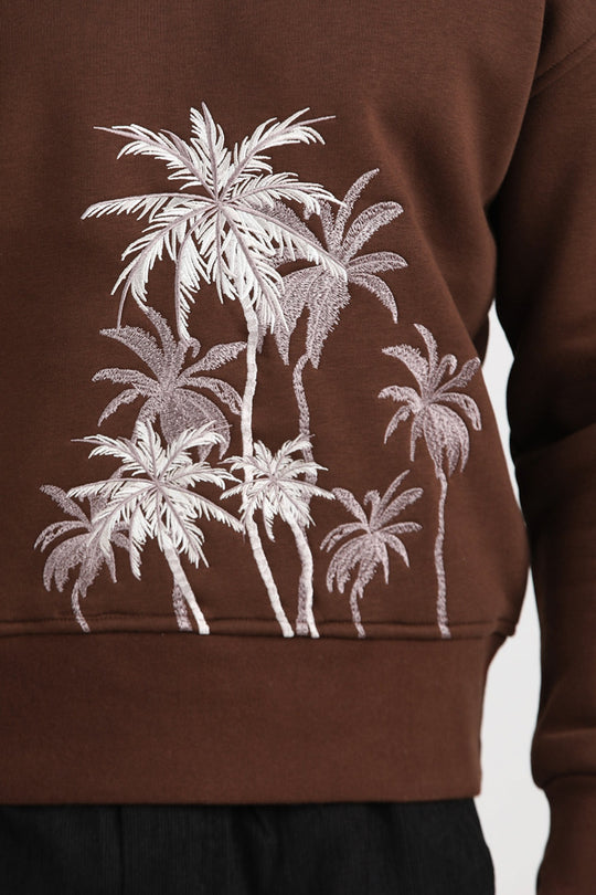 Erkek Palmiye Nakışlı Sweat  Kahverengi