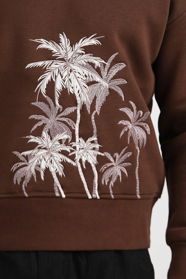 Erkek Palmiye Nakışlı Sweat  Kahverengi