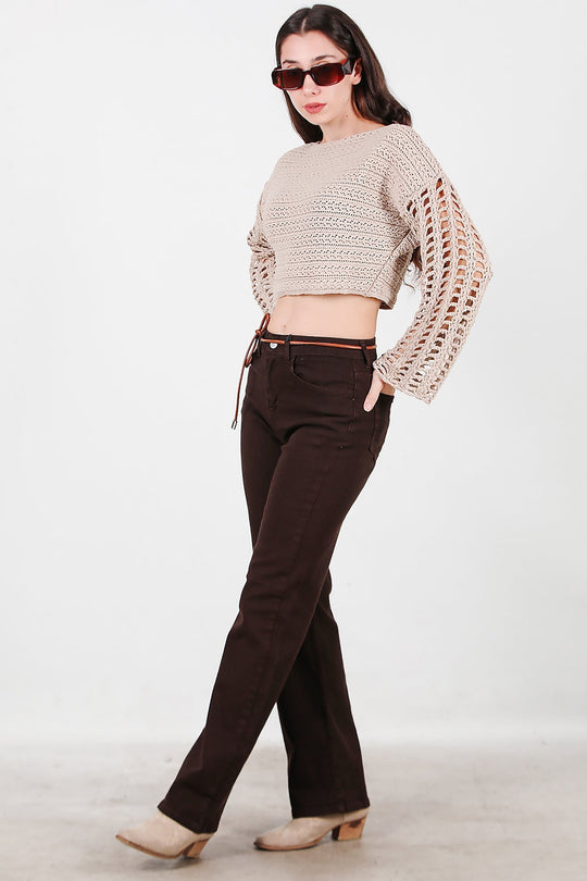 Kadın Kemerli Boru Paça Kot Pantolon  Kahverengi