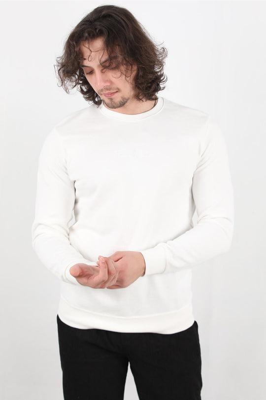 Erkek Bisiklet Yaka Faır Yazı Baskılı Sweat Ekru