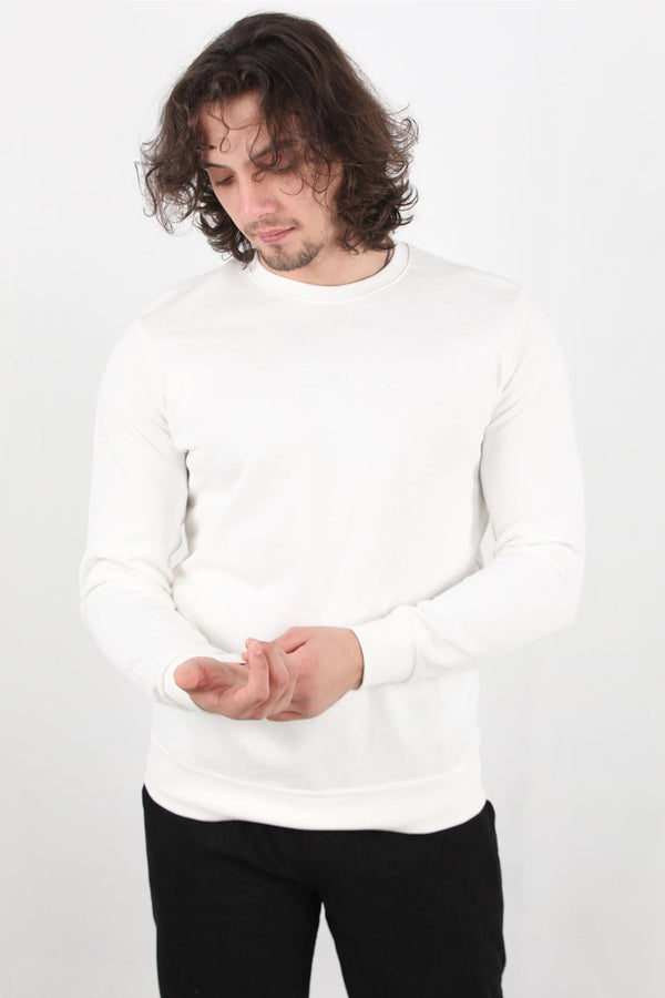 Erkek Bisiklet Yaka Faır Yazı Baskılı Sweat Ekru
