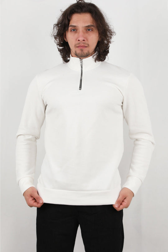 Erkek Yarım Fermuar Dik Yaka Pike Sweat Ekru