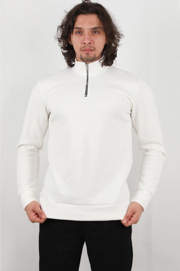 Erkek Yarım Fermuar Dik Yaka Pike Sweat Ekru