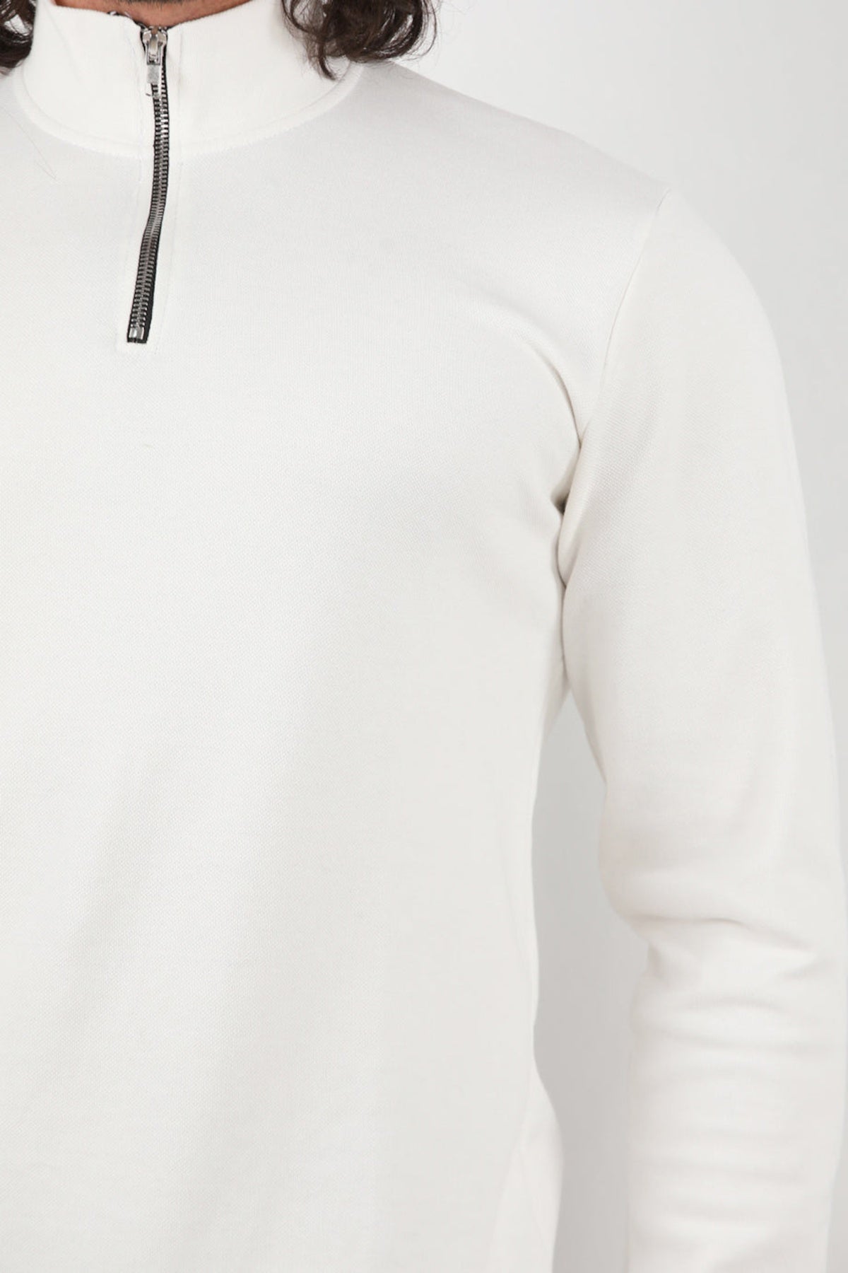 Erkek Yarım Fermuar Dik Yaka Pike Sweat Ekru