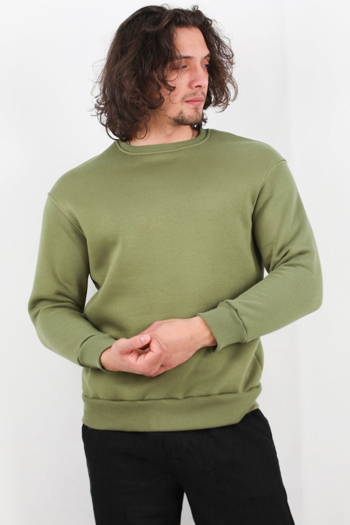 Erkek Oversize Bisiklet Yaka Şardonlu Sweat Haki