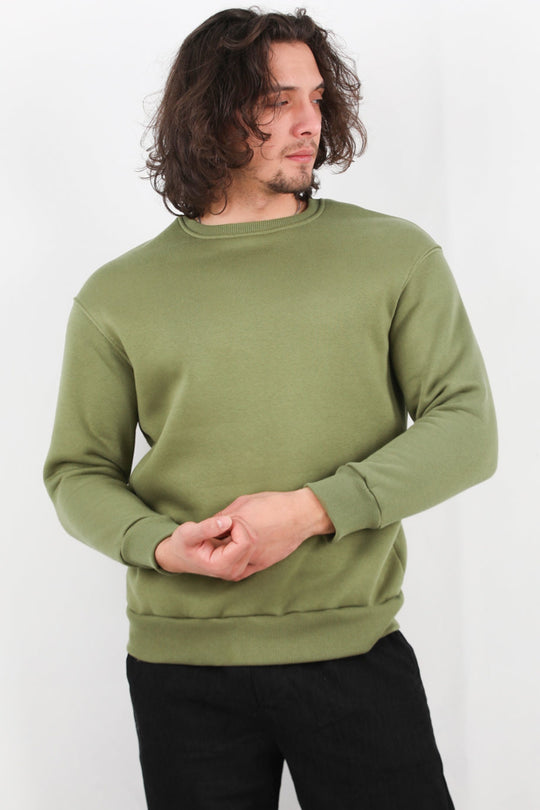 Erkek Oversize Bisiklet Yaka Şardonlu Sweat Haki