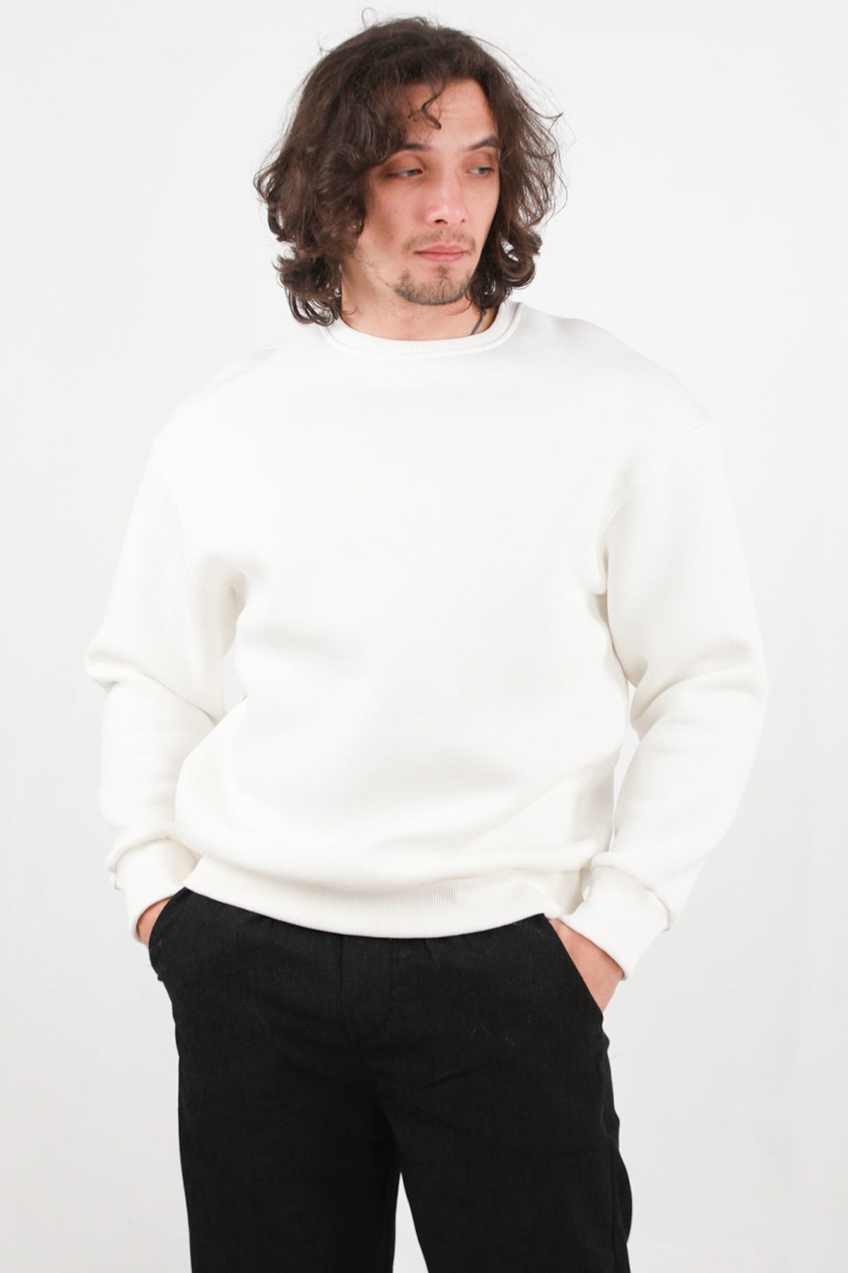 Erkek Oversize Bisiklet Yaka Şardonlu Sweat Ekru