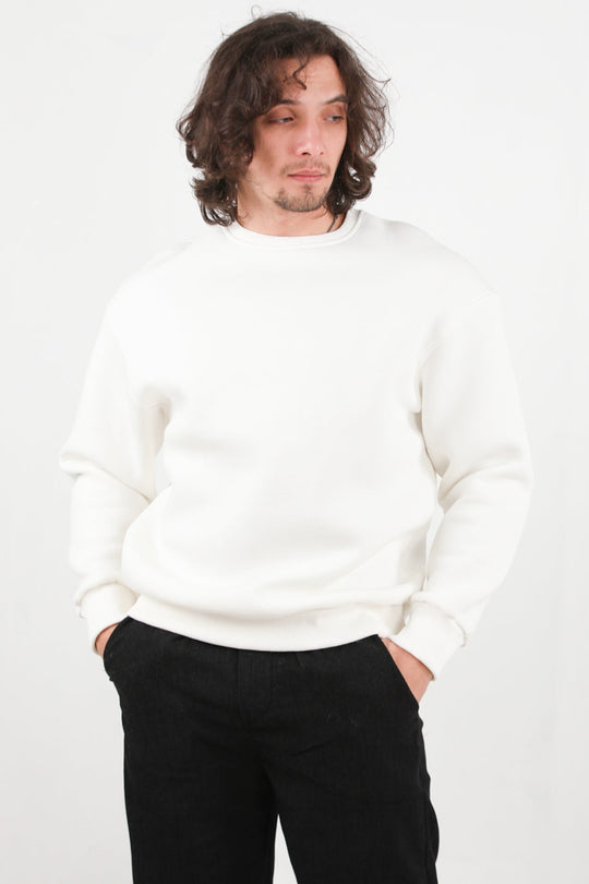 Erkek Oversize Bisiklet Yaka Şardonlu Sweat Ekru