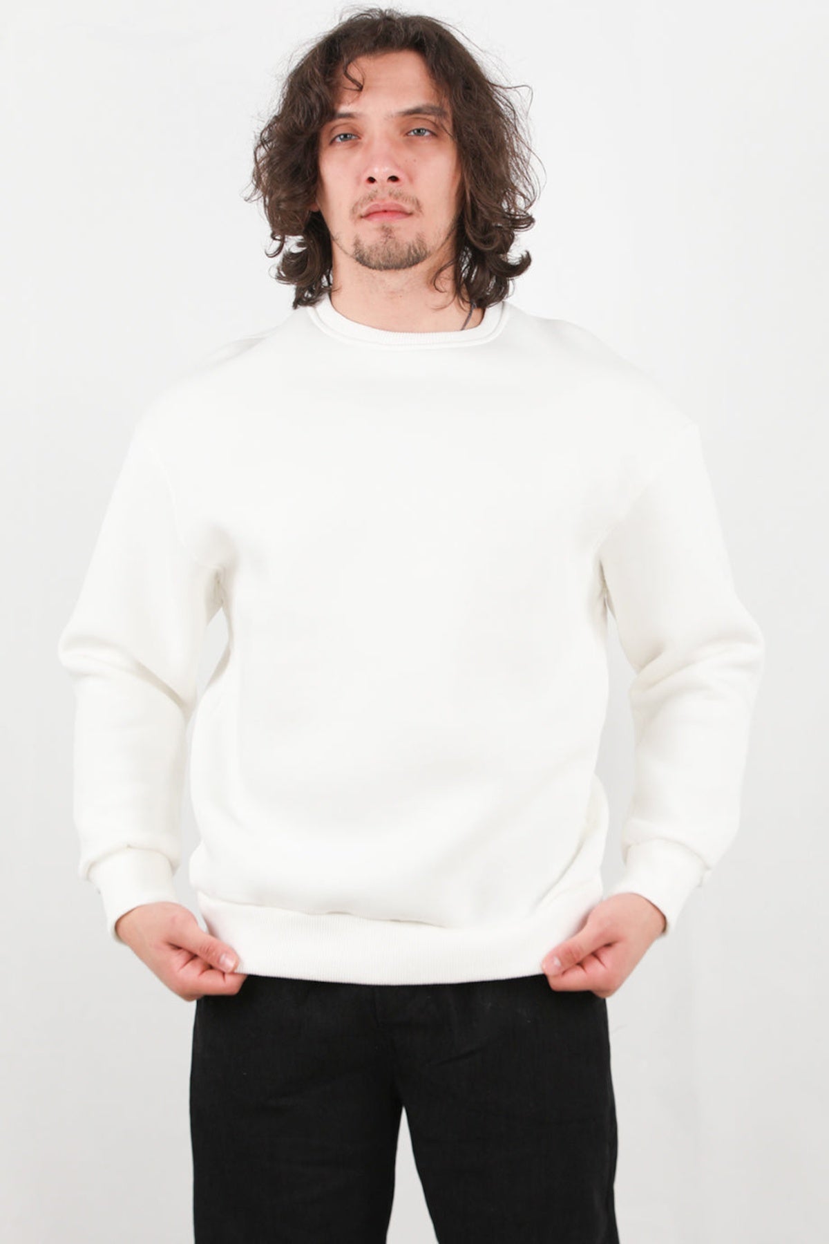Erkek Oversize Bisiklet Yaka Şardonlu Sweat Ekru