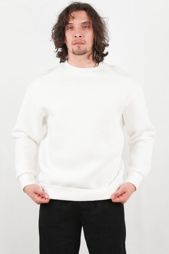 Erkek Oversize Bisiklet Yaka Şardonlu Sweat Ekru