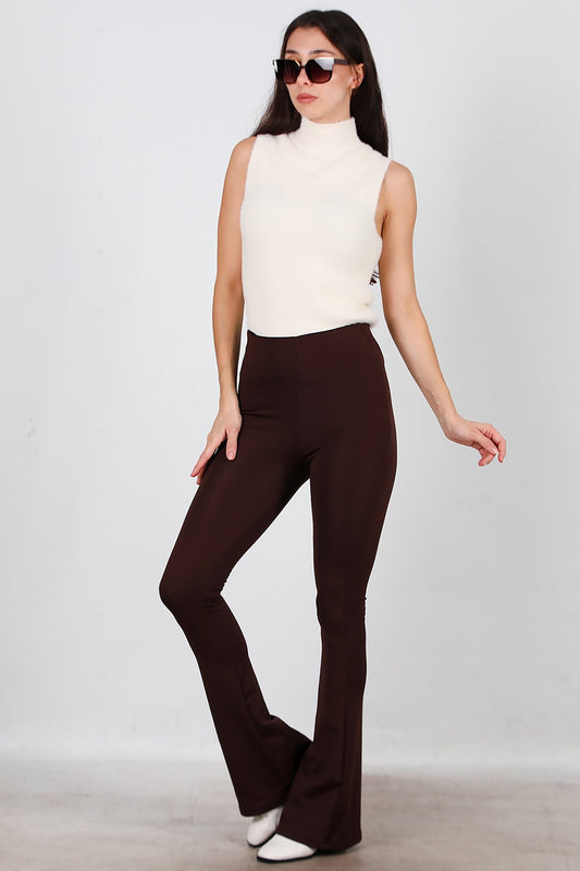 Kadın Kalın Lastikli İspanyol Paça Tayt  Kahverengi