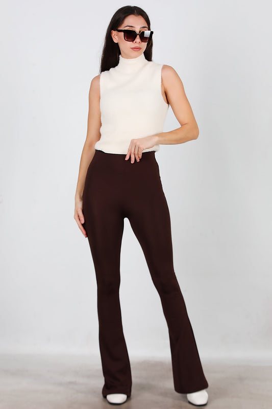 Kadın Kalın Lastikli İspanyol Paça Tayt  Kahverengi