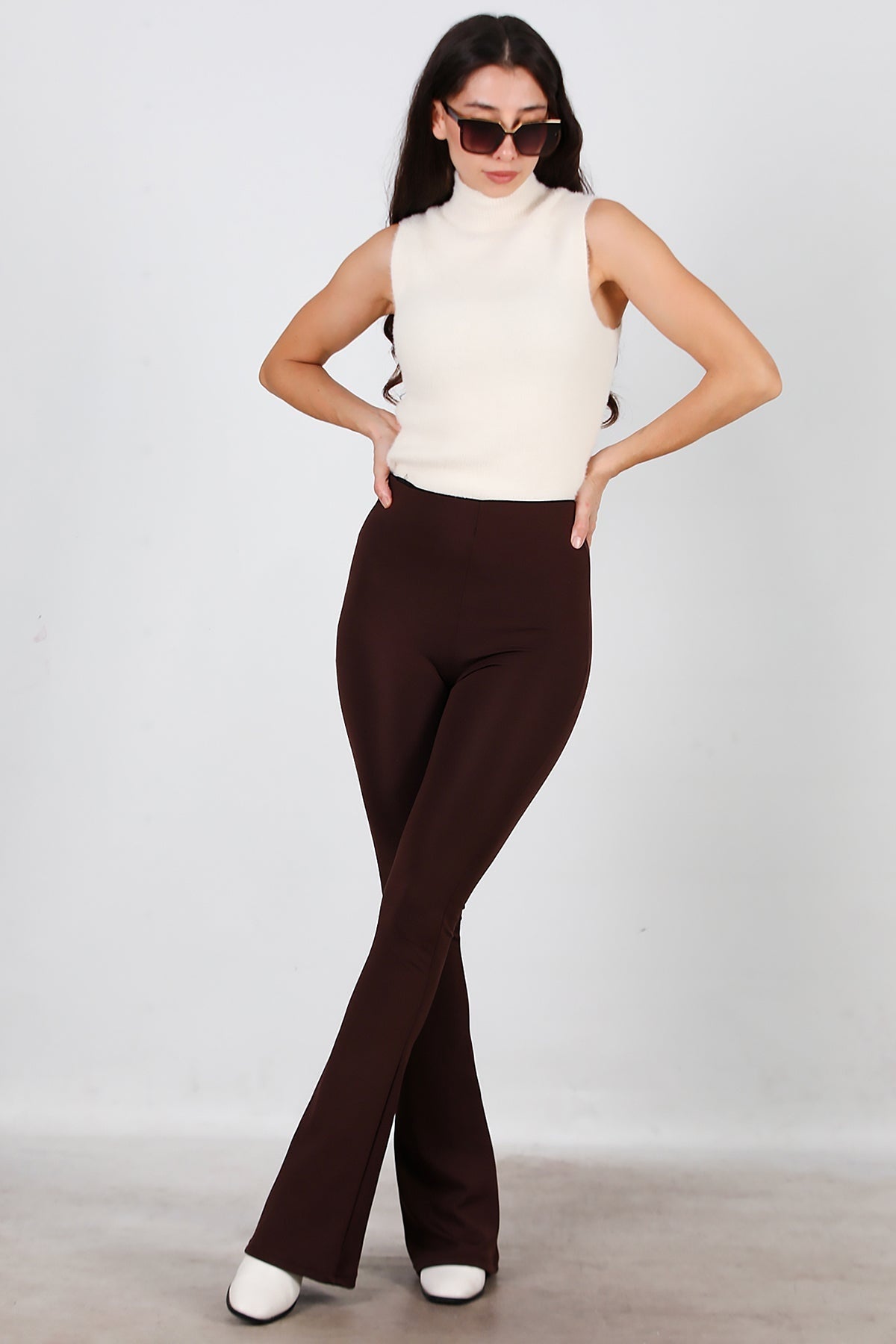 Kadın Kalın Lastikli İspanyol Paça Tayt  Kahverengi