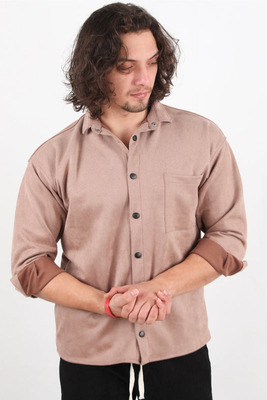 Erkek Çıtçıt Düğmeli Süet Gömlek  Bej