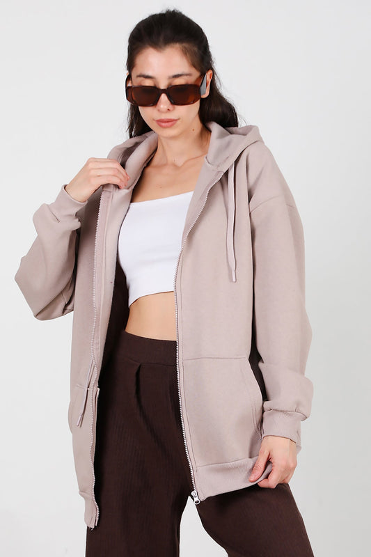 Kadın Kapşonlu Fermuarlı Oversize Üç İplik Sweat  Vizon