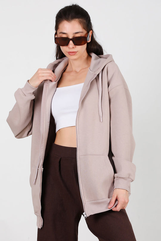 Kadın Kapşonlu Fermuarlı Oversize Üç İplik Sweat  Vizon