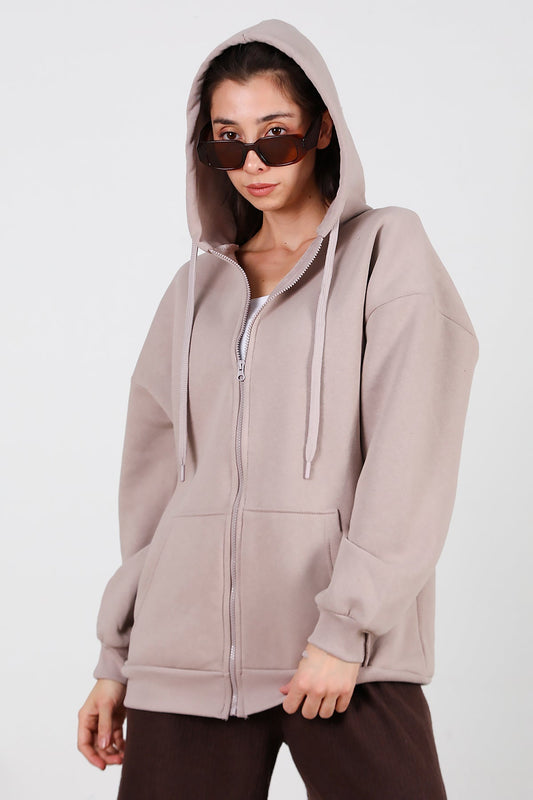Kadın Kapşonlu Fermuarlı Oversize Üç İplik Sweat  Vizon