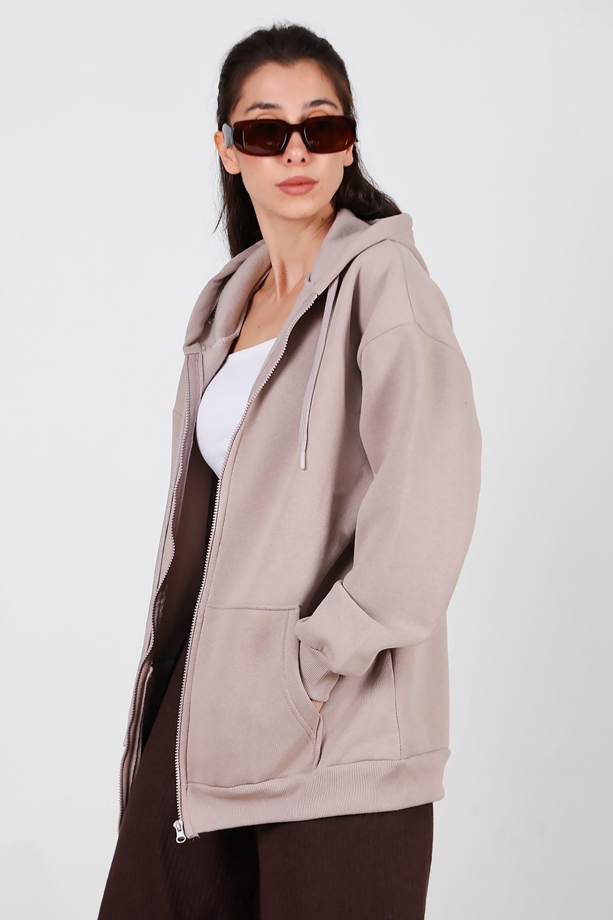 Kadın Kapşonlu Fermuarlı Oversize Üç İplik Sweat  Vizon
