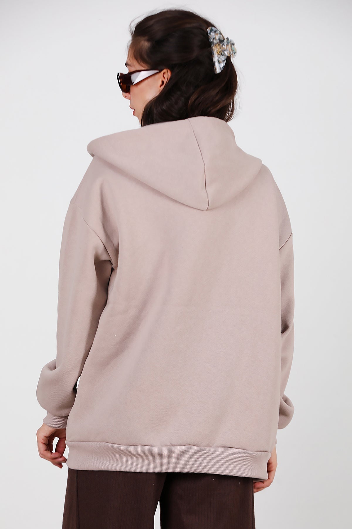 Kadın Kapşonlu Fermuarlı Oversize Üç İplik Sweat  Vizon