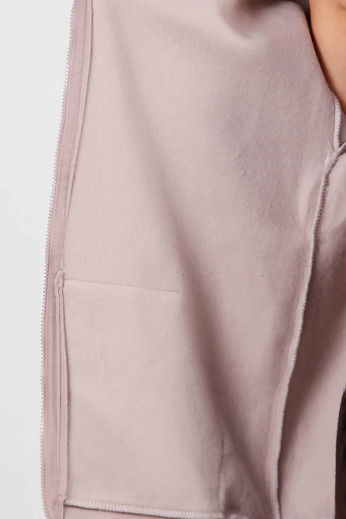 Kadın Kapşonlu Fermuarlı Oversize Üç İplik Sweat  Vizon