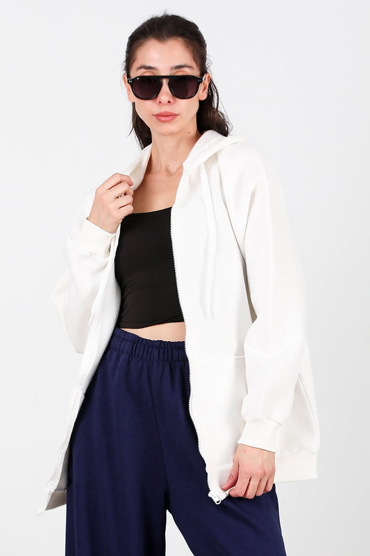 Kadın Kapşonlu Fermuarlı Oversize Üç İplik Sweat  Beyaz